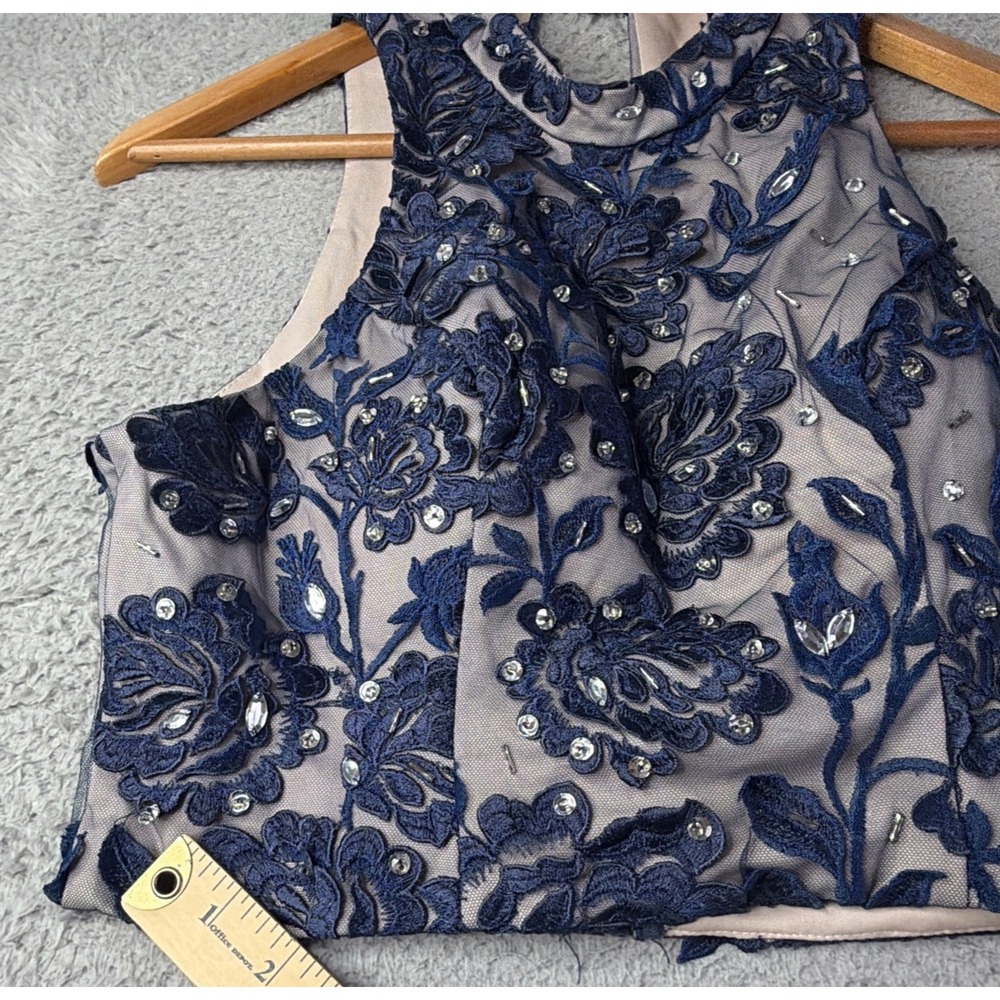 Sequin Hearts Top Womens Size 11 Medium Blue Floral Tan Lined Beaded Top - Picture 8 of 9